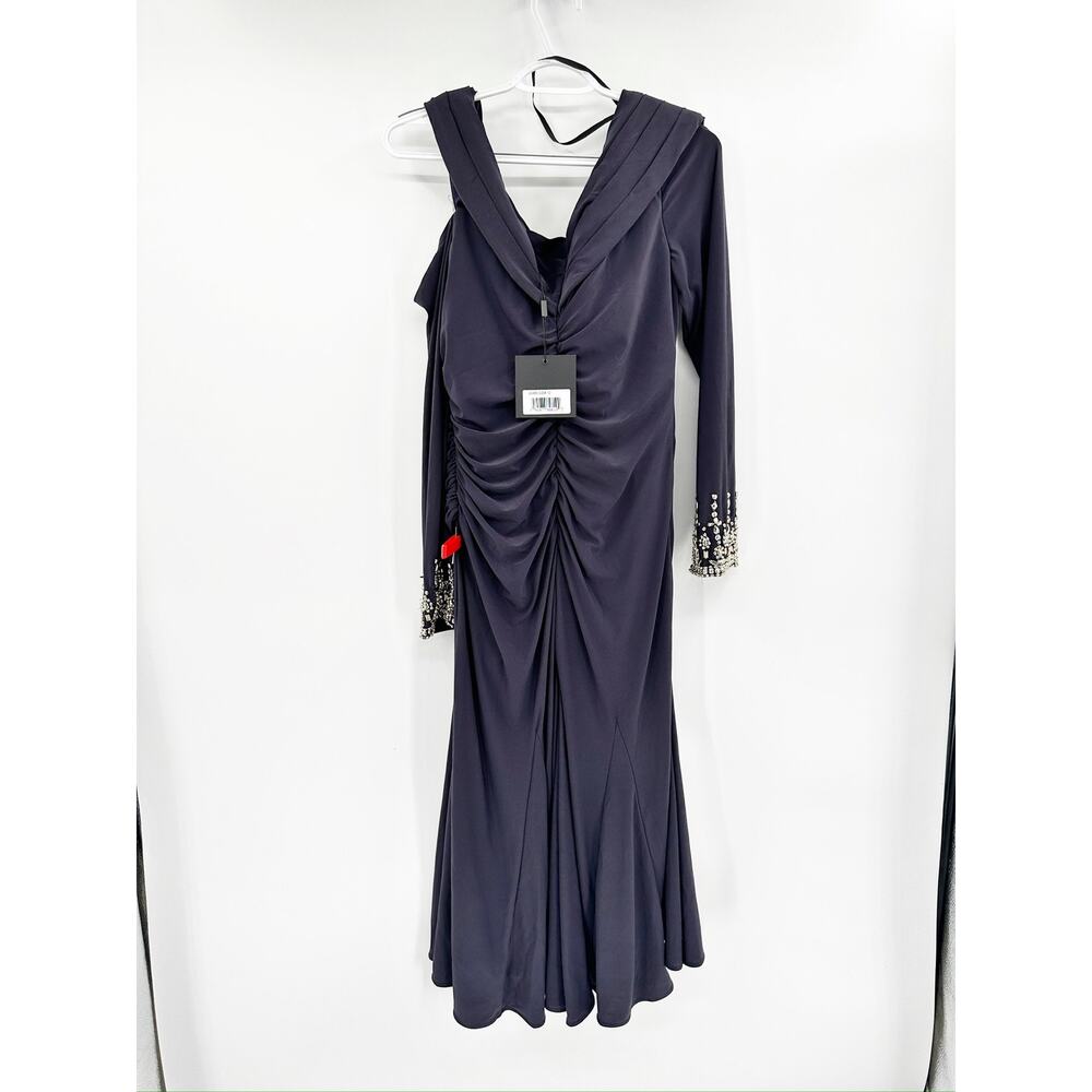 Mac Duggal 26485 Foldover Long Sleeve Jeweled Midi Dress in Charcoal 12 NWT - Picture 7 of 7